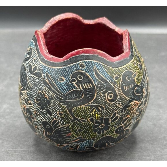 Hand Carved Colorful Gourd Bowl Folk Art Birds Decorative Signed - Picture 3 of 9